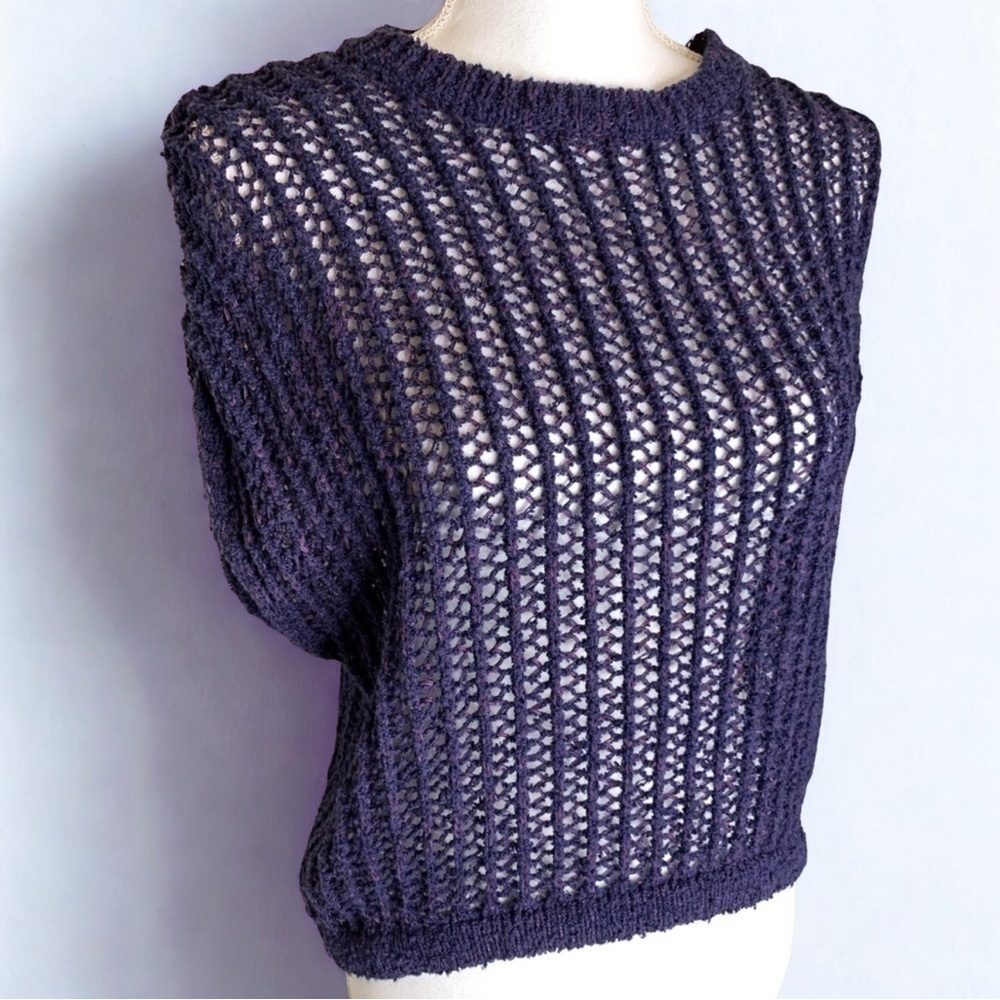 BCBG MAXAZRIA Women Open Weave Short Sleeve Sweater Small Cotton Blend